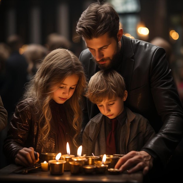 Father, son and daughter lighting candles